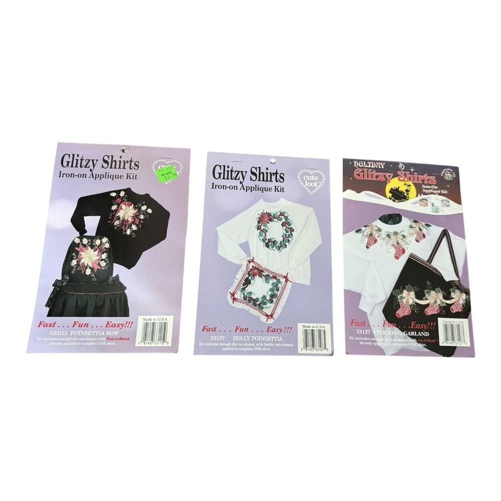 Vintage 1990s Glitzy Shirts Christmas Iron-On Applique Kits Lot of 3 NOS